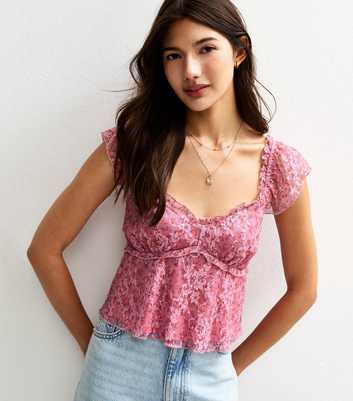 Pink Rose Print Lace Layer Milkmaid Top
