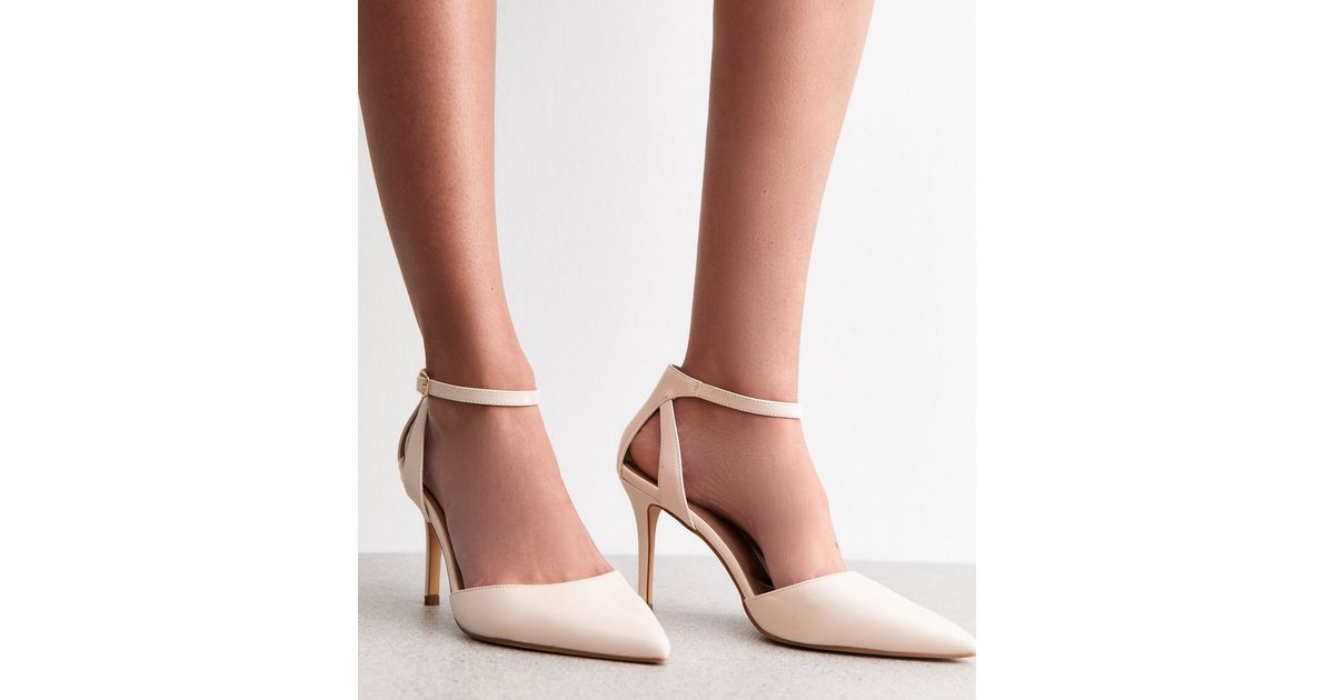 Wide Fit Off White Faux Patent Leather Pointed Toe Ankle Strap