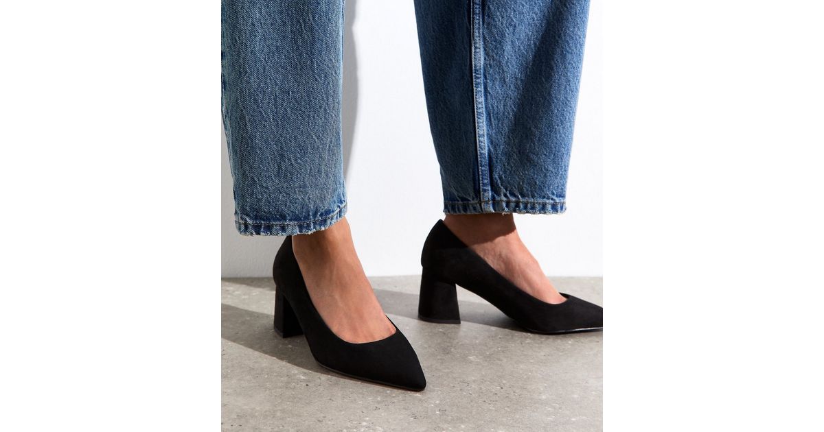 Wide Fit Black Faux Suede Block Heel Court Shoes | New Look