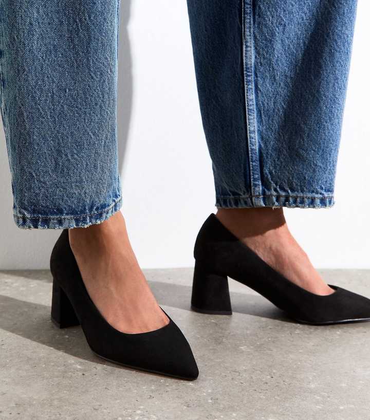 Wide Fit Black Faux Suede Block Heel Court Shoes