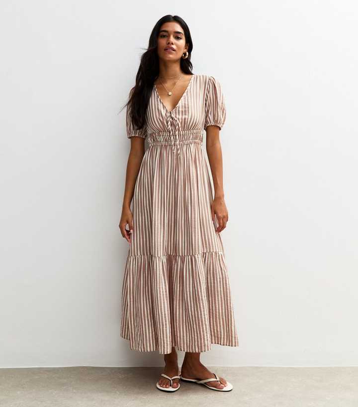 Brown Striped Poplin Midi Dress
