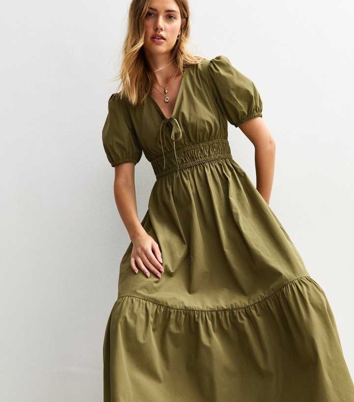 Light Khaki Cotton V-Neck Midi Smock Dress