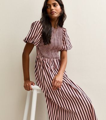 Pink Cotton Striped Shirred Midi Dress | New Look