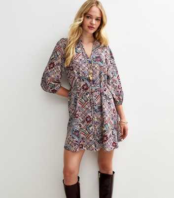 Cream Paisley Print Collarless Shirt Dress