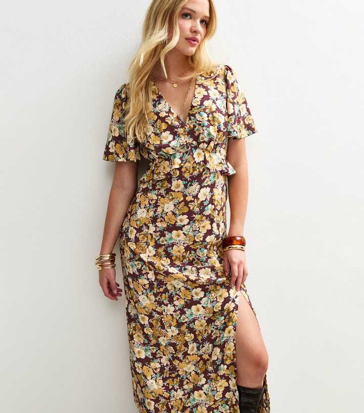 Brown Floral Print Ruffle Trim Midi Dress | New Look