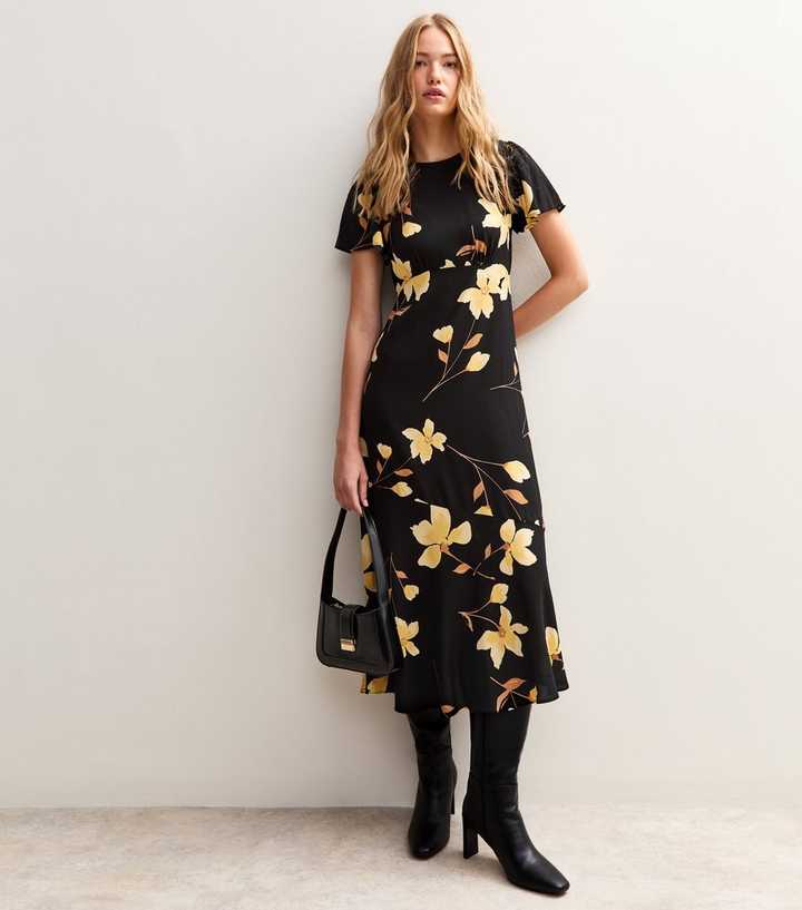 Black Floral Print Tiered Midi Dress New Look