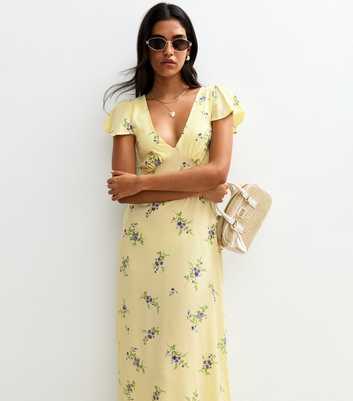Yellow Floral Print Flutter Sleeve Midi Dress