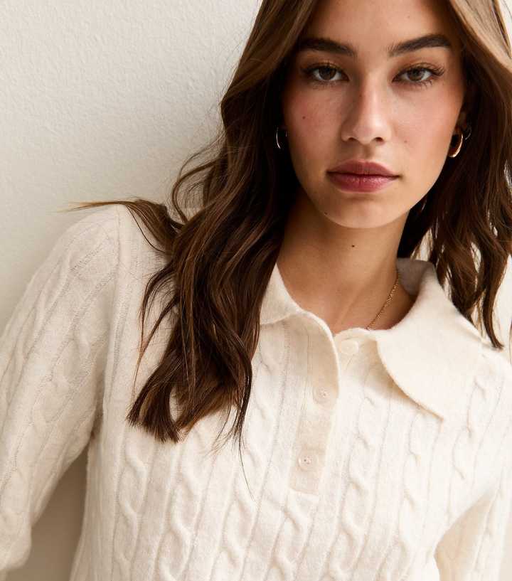 Cream Cable Knit Button Polo Jumper