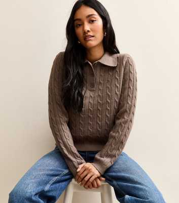 Dark Mink Cable Knit Button Polo Jumper