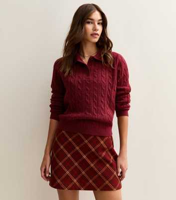 Burgundy Cable Knit Button Polo Jumper
