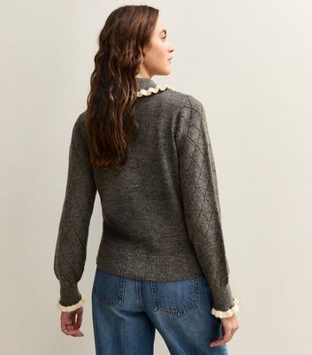 Grey Argyle Print Knit Frill Collar Cardigan New Look