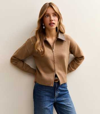Camel Faux Leather Collar Cardigan