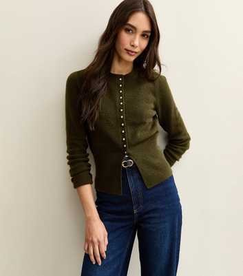 Green Crew Neck Long Sleeve Studded Cardigan