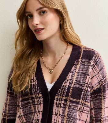 Pink Pattern Button Through Checked Cardigan