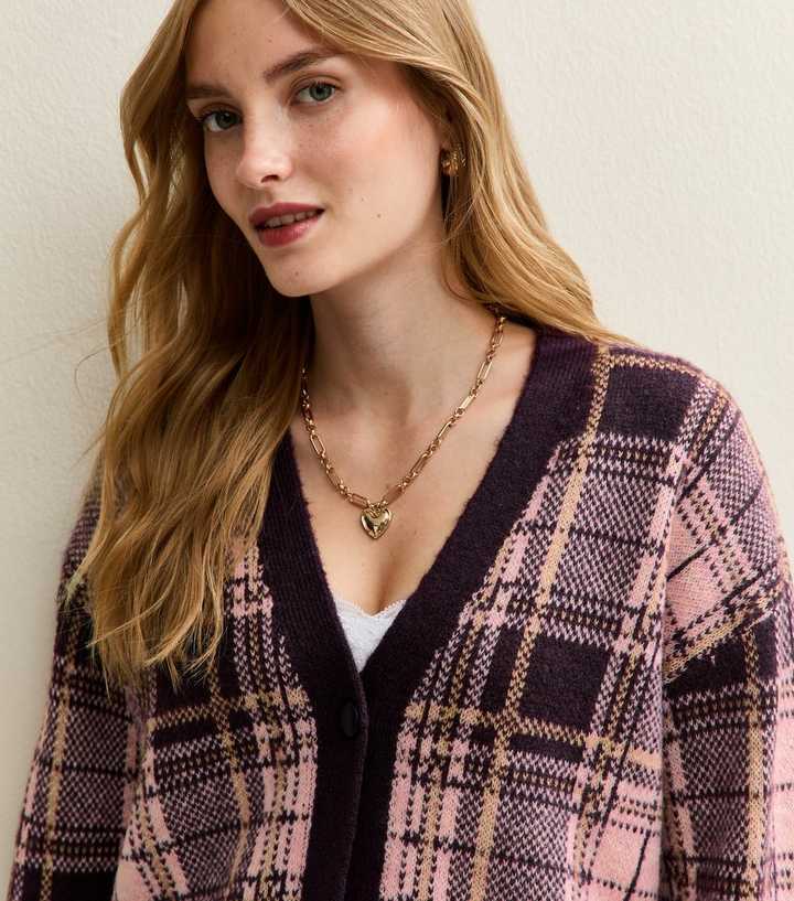 Pink Pattern Button Through Checked Cardigan