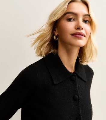 Black Midweight Knit Collared Cardigan