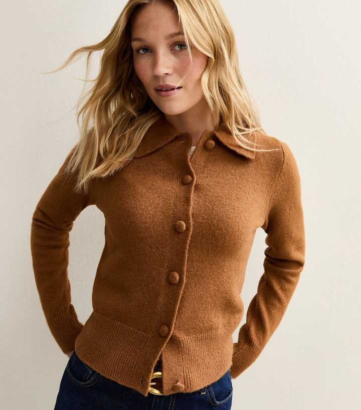 Tan Midweight Knit Collared Cardigan