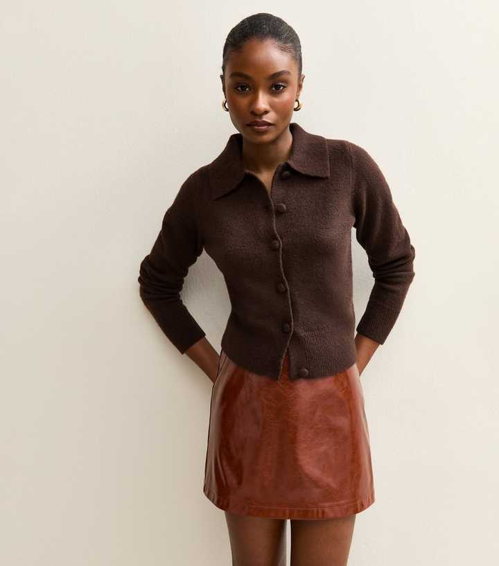 Dark Brown Midweight Knit Collared Cardigan