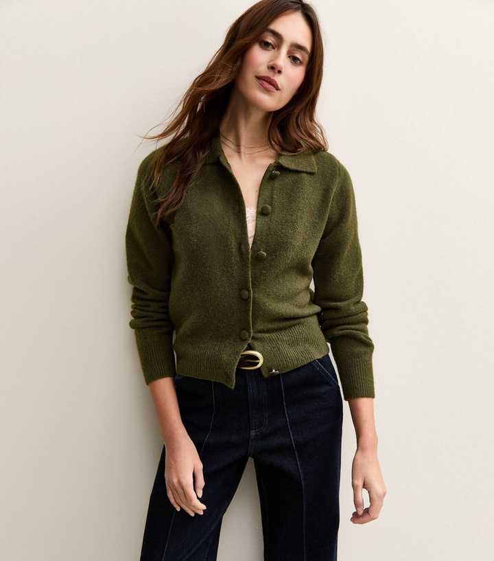 Dark Khaki Midweight Knit Collared Cardigan