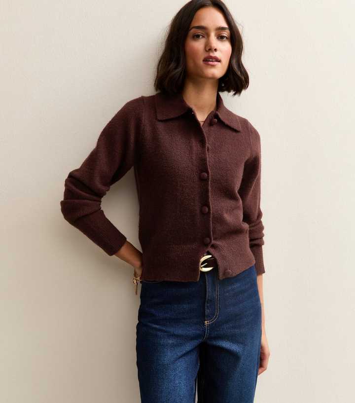 Burgundy Midweight Knit Collared Cardigan