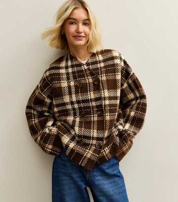 Brown Check Double Breasted Knitted Cardigan