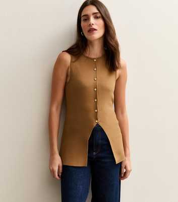Camel Compact Knit Button Front Waistcoat