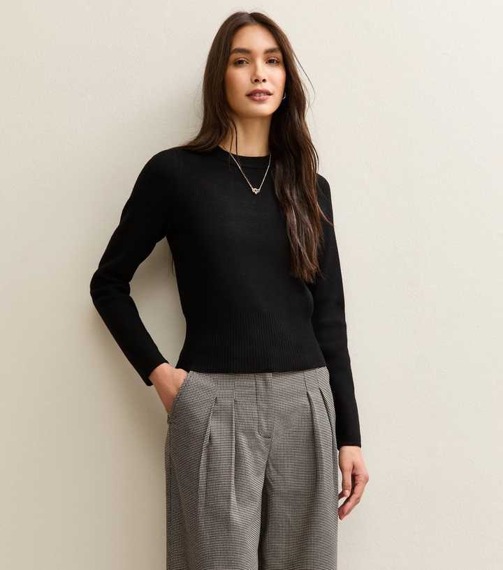 Black Ribbed Knit Crew Neck Jumper