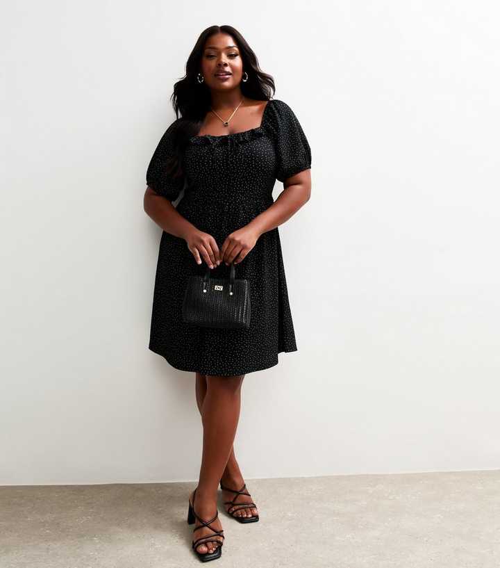 Curves Black Spot Print Textured Milkmaid Midi Dress