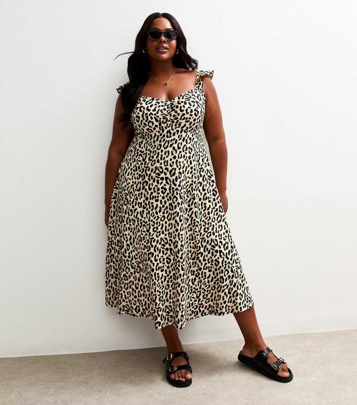 Curves Brown Leopard Print Crinkle Texture Midi Dress