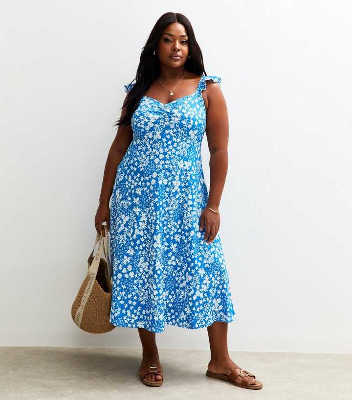 Curves Blue Floral Print Crinkle Texture Midi Dress