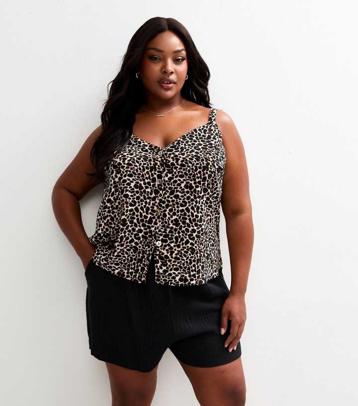 Curves Brown Animal Print Button Up Cami Top
