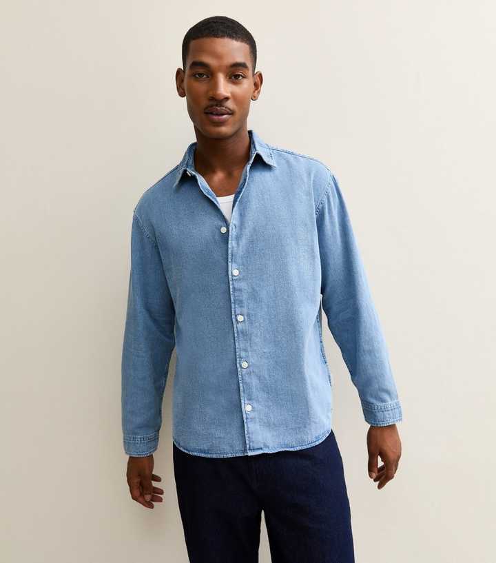 White Mountain Men's Light Washed Denim Shirt - Long Sleeve, Relaxed Fit, Button-Down Collar