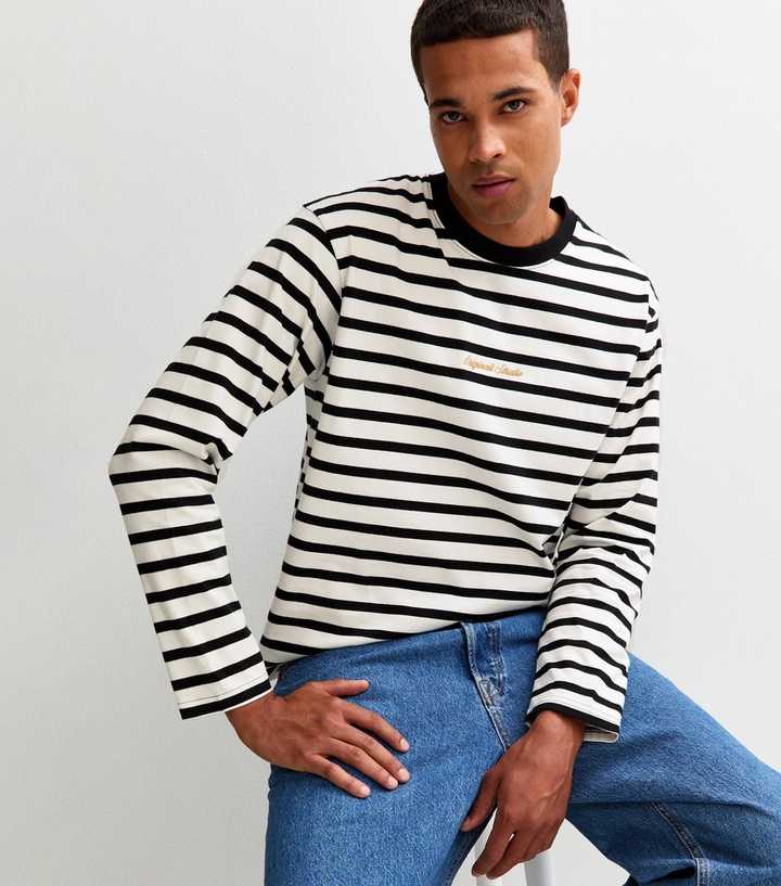 Jack & Jones White Striped Regular Crew Neck Long Sleeve Logo Top
