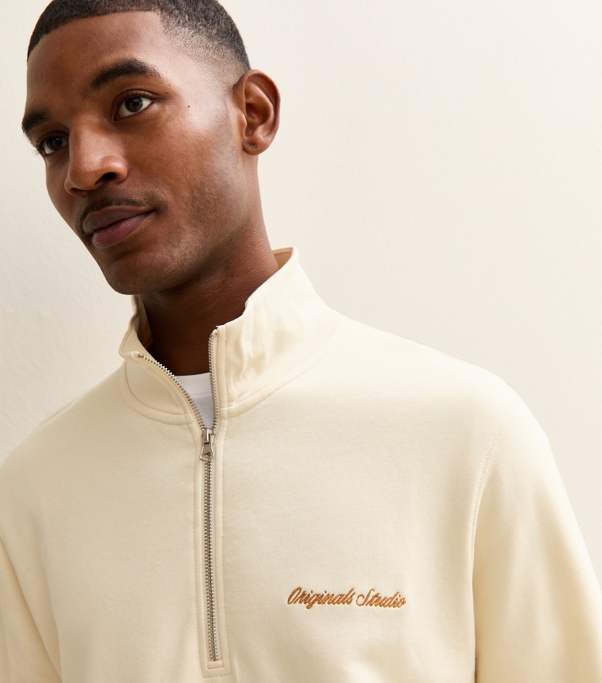 Jack & Jones Men's Cream Embroidered Logo Half Zip Sweatshirt New Look