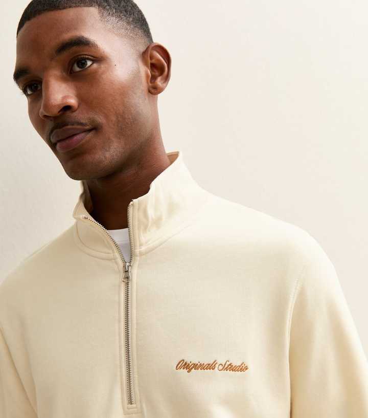 Jack & Jones Cream Embroidered Logo Half Zip Sweatshirt