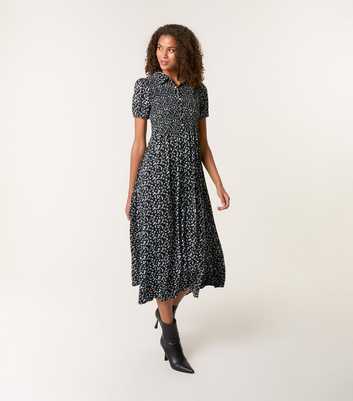 Blue Vanilla Black Floral Print Shirred Midi Dress