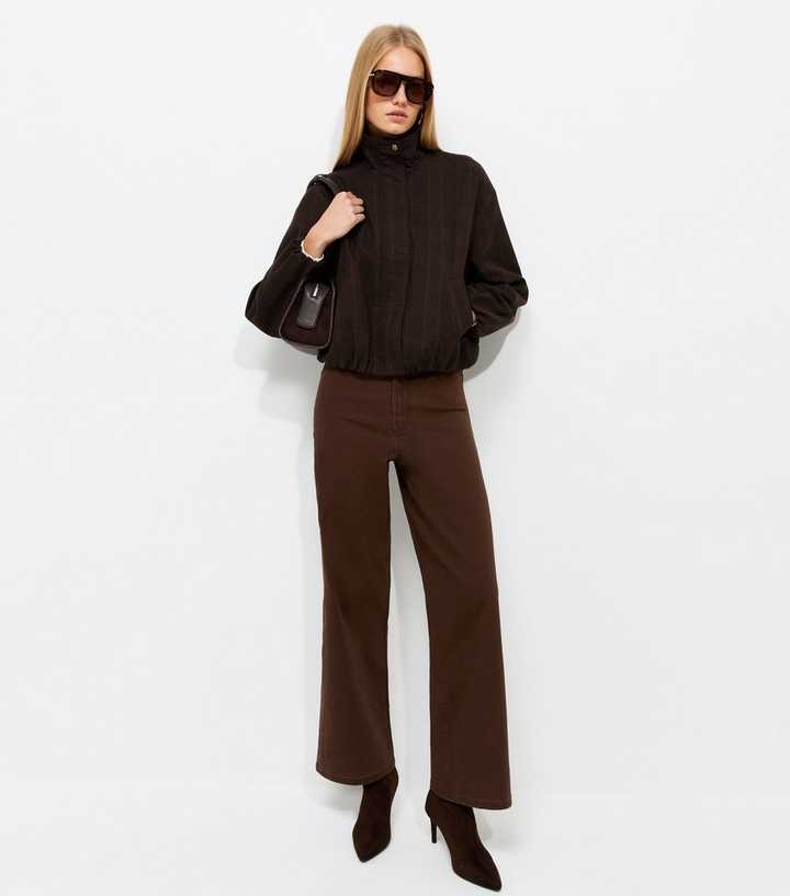 Brown High Waist Stretch Denim Wide Leg Jeans