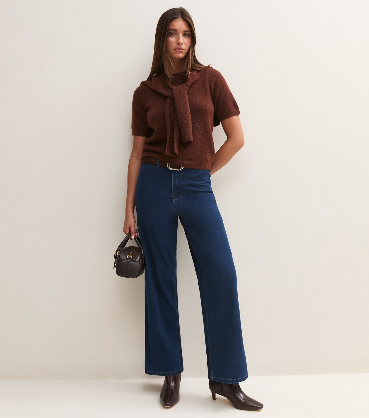 Women's Dark Blue High Waist Stretch Denim Wide Leg Jeans New Look