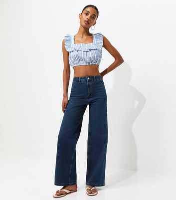 Dark Blue High Waist Stretch Denim Wide Leg Jeans
