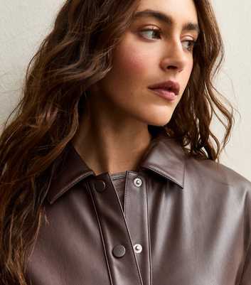 Dark Brown Faux Leather Relaxed Long Sleeve Shirt