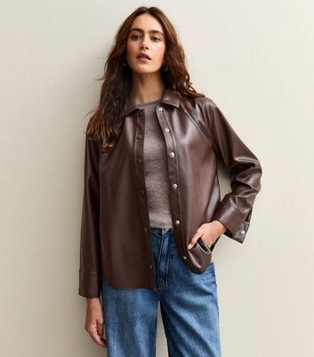 Dark Brown Faux Leather Relaxed Long Sleeve Shirt | New Look