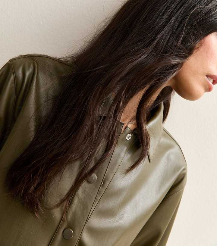 Green Faux Leather Relaxed Long Sleeve Shirt
