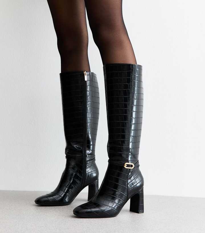 Black Snakeskin Effect Faux Leather Knee High Boots New Look