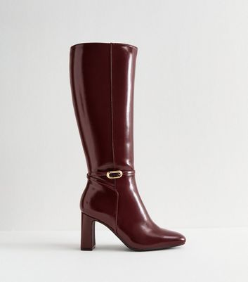 Dark Burgundy Faux Leather Knee High Boots New Look