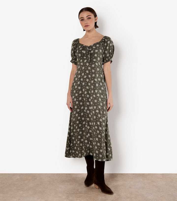 Apricot Khaki Floral Print Midi Dress