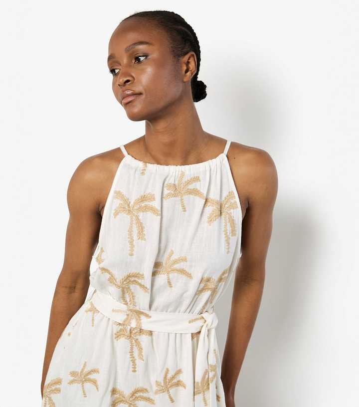 Apricot Cream Palm Embroidered Halter Neck Midi Dress | New Look