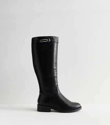 Wide Fit Black Faux Leather Knee High Boots