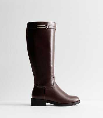 Wide Fit Brown Faux Leather Riding Look Knee High Boots