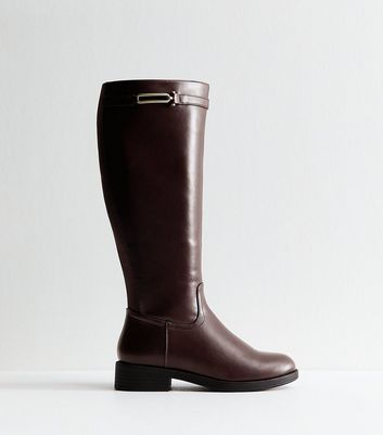 Wide Fit Brown Faux Leather Riding Look Knee High Boots New Look