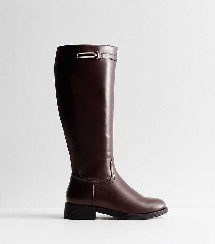 Wide Fit Brown Faux Leather Riding Look Knee High Boots